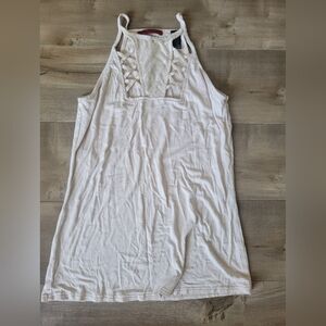 BKE Red Tank Top Medium Pale Pink Beige Lattice Pattern High Neck Sheer Panel